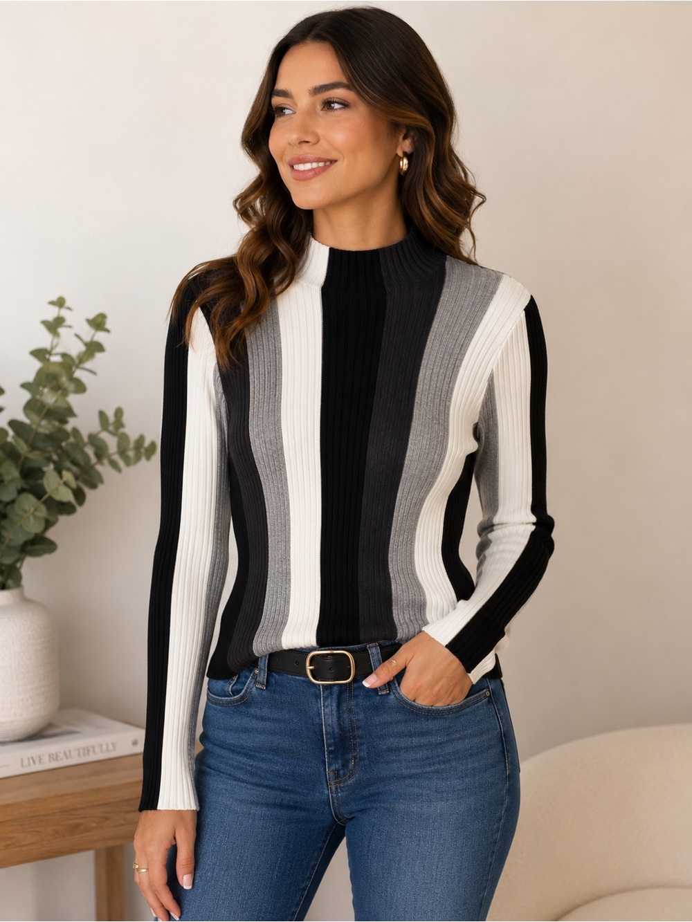 INC International Concepts Meadow 2 Ribbed Striped Mock Neck Sweater – Size M - Picture 2 of 6
